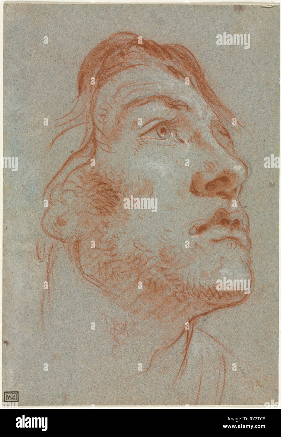 La testa di un giovane uomo che guarda verso l'alto a destra prima di 1752.  Giovanni Battista Tiepolo (Italiano, 1696-1770). Gesso rosso (con  sconcertante) oltre gesso nero, intensificato con gesso bianco; foglio: