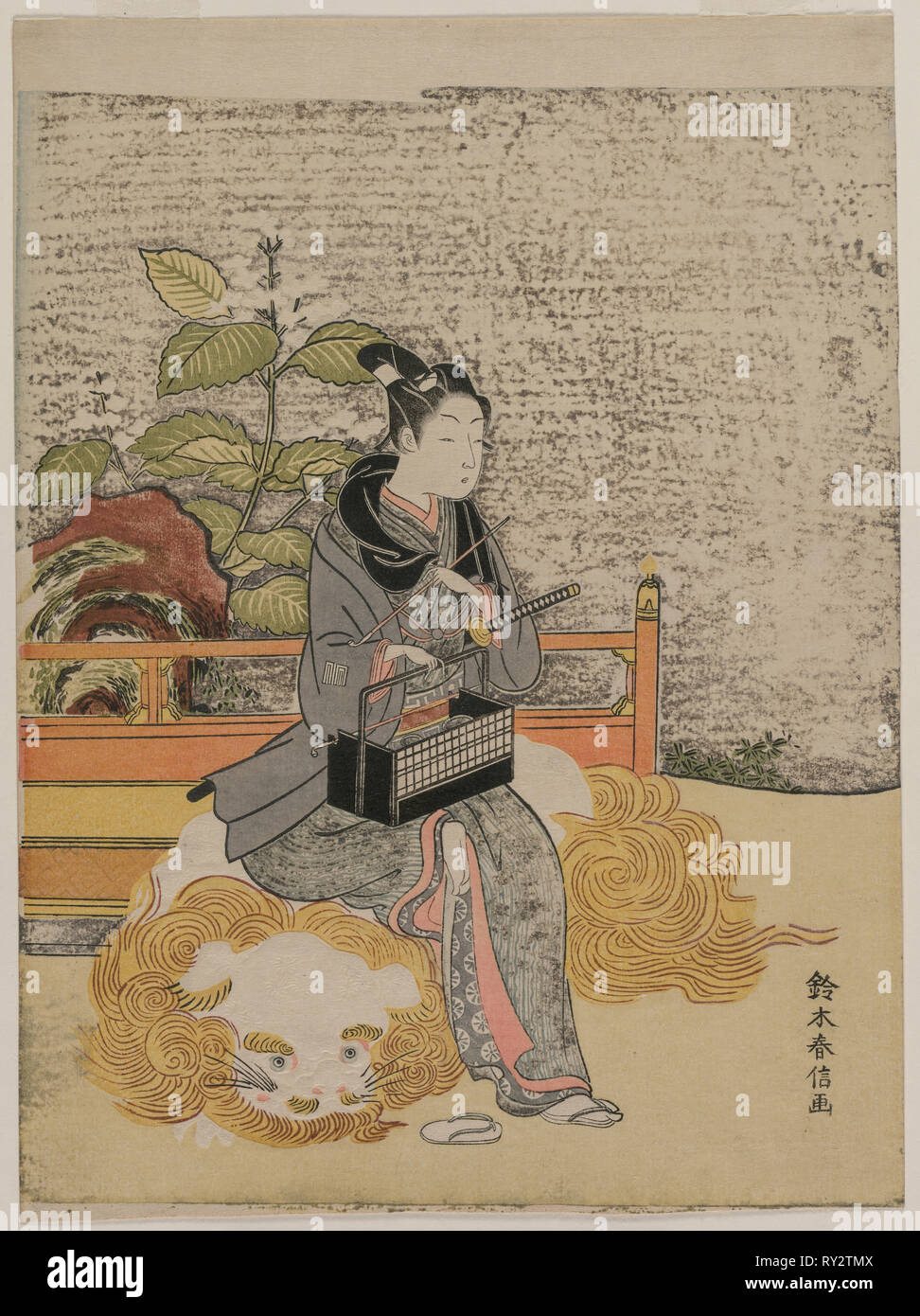 I giovani in rappresentanza di Monju, Dio della sapienza su un leone, c. 1767. Suzuki Harunobu (giapponese, 1724-1770). Colore stampa woodblock; foglio: 29,2 x 21,7 cm (11 1/2 x 8 9/16 in Foto Stock