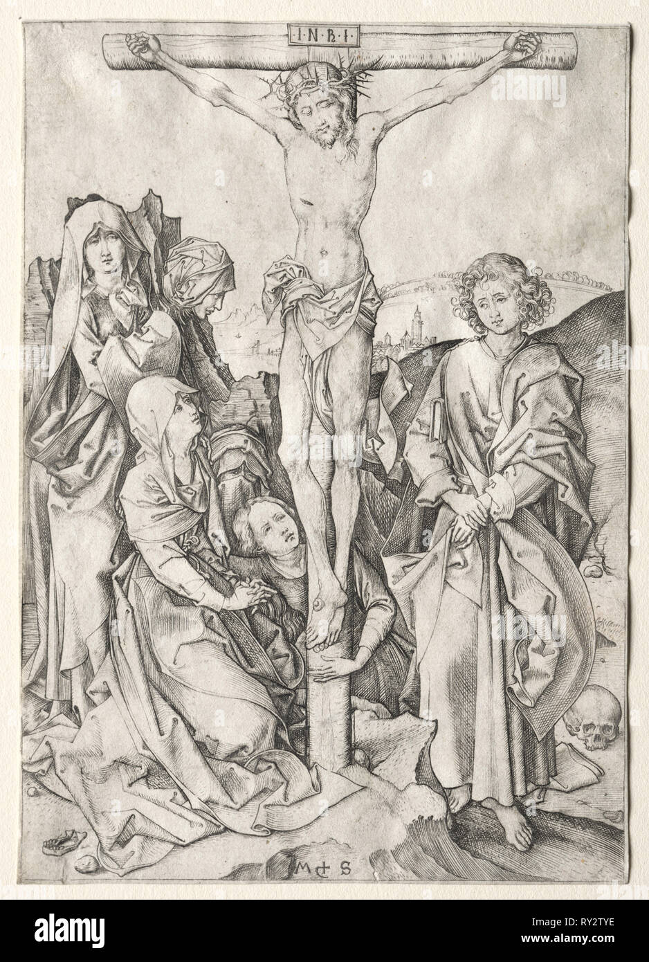 La Passione di Cristo sulla Croce. Martin Schongauer (tedesco, c.1450-1491). Incisione Foto Stock