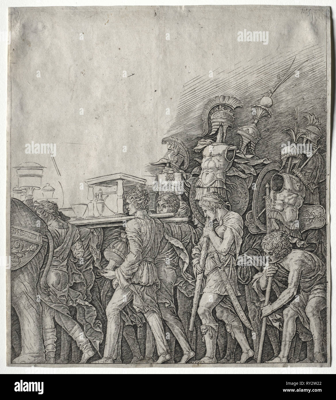 I Trionfi di Cesare: Il Corselet portatori, c. 1498. Giulio Campagnola (Italiano, 1482-1515). Incisione Foto Stock