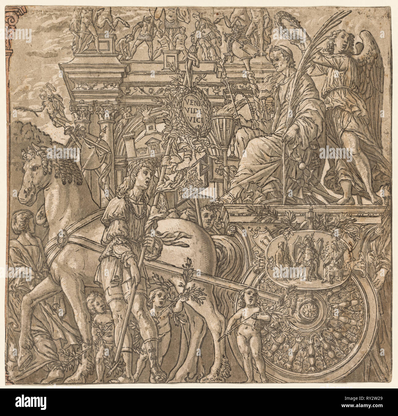 Il Trionfo di Giulio Cesare: Cesare trionfante, 1593-99. Andrea Andreani (italiano, circa 1558-1610), dopo Andrea Mantegna (Italiano, 1431-1506). Incisione a legno in chiaroscuro Foto Stock