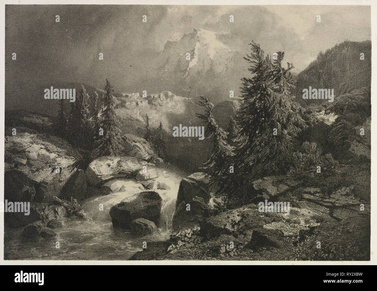 Tempesta nelle Alpi. Alexandre Calame (Swiss, 1810-1864). Litografia Foto Stock