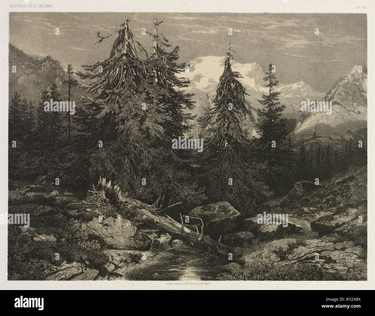 Flusso di alpini. Alexandre Calame (Swiss, 1810-1864). Litografia Foto Stock