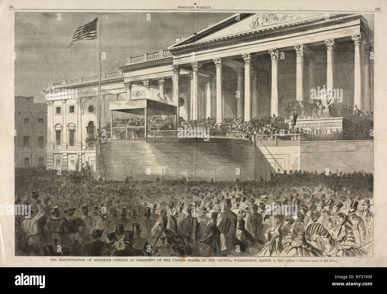 L'inaugurazione di Abraham Lincoln come presidente degli Stati Uniti, al Campidoglio di Washington, Marzo 4, 1861, 1861. Winslow Homer (American, 1836-1910). Incisione su legno Foto Stock