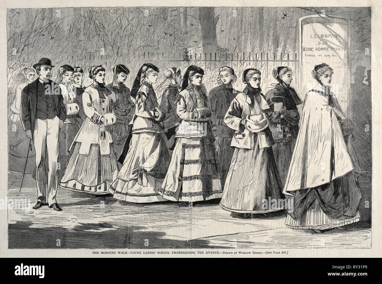 La mattina a piedi - Giovani donne' School Promenading Avenue, 1868. Winslow Homer (American, 1836-1910). Incisione su legno Foto Stock