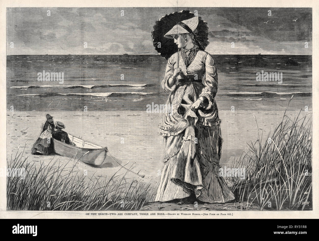 Sulla spiaggia - due sono società, tre sono Nessuno, 1872. Winslow Homer (American, 1836-1910). Incisione su legno Foto Stock