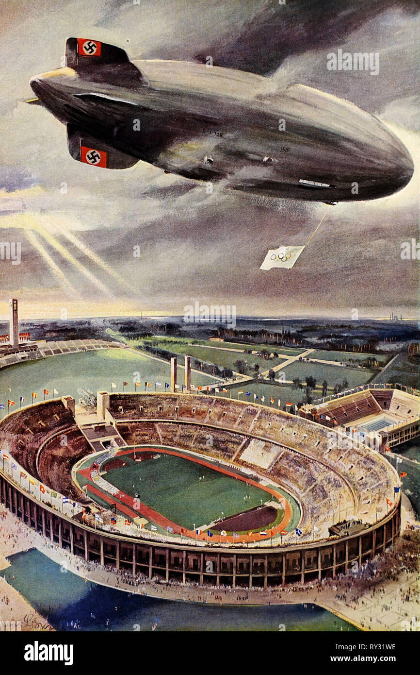 1936 Giochi Olimpici di Berlino - il dirigibile Hindenburg oltre l'Olympic Arena il 1 agosto 1936 il giorno di apertura delle Olimpiadi di Berlino Foto Stock