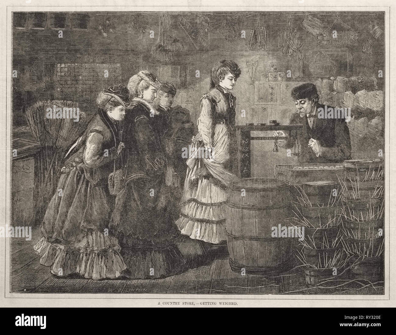 Un Paese Store, avere pesato, 1871. Winslow Homer (American, 1836-1910). Incisione su legno Foto Stock