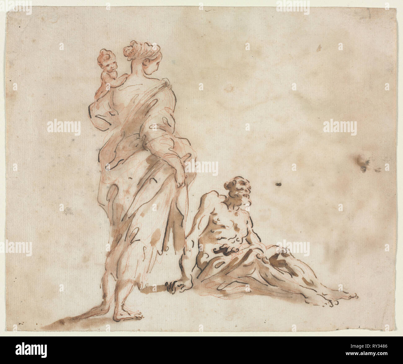 Una donna in piedi tenendo un bambino, un maschio seduti ai suoi piedi, prima metà XVIII secolo?. Alessandro Magnasco (Italiano, 1667-1749). Penna e inchiostro bruno con pennello e lavaggio marrone oltre gesso rosso; foglio: 19,2 x 22,9 cm (7 9/16 x 9 in Foto Stock