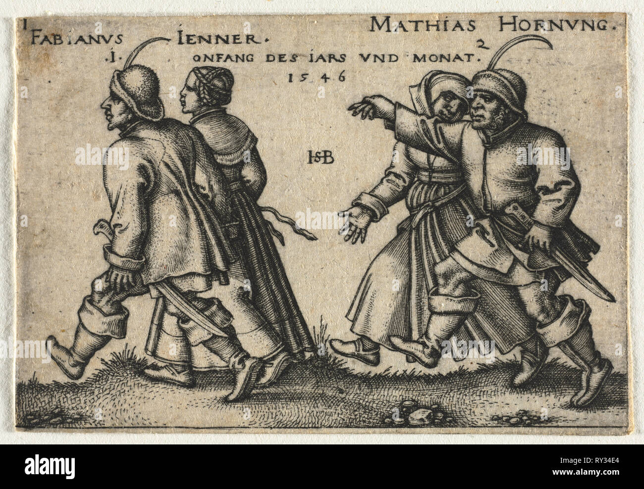 Il Matrimonio Contadino o dodici mesi: 1-Fabianus Jenner 2-Mathias Hornung, 1546. Hans Sebald Beham (Tedesco, 1500-1550). Incisione Foto Stock