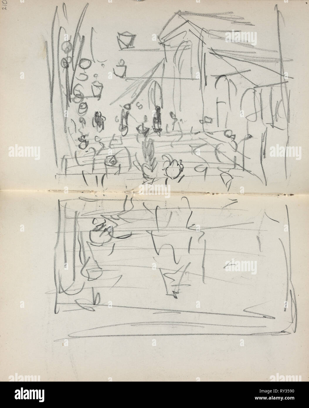 Taccuino italiano: ponte con le Figure (pagina 209 & 210), 1898-1899. Maurice Prendergast (American, 1858-1924). Matita; foglio: 16,7 x 10,8 cm (6 9/16 x 4 1/4 in Foto Stock