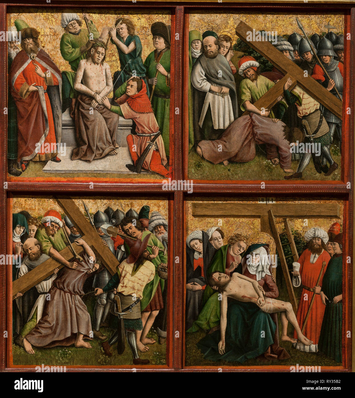 Pala con la passione di Cristo, c. 1440s. Maestro della Pala Schlägl  (tedesco). Petrolio e oro su legno; incorniciato: 88,9 x 157,5 x 8,3 cm (35  x 62 x 3 1/4 in.);