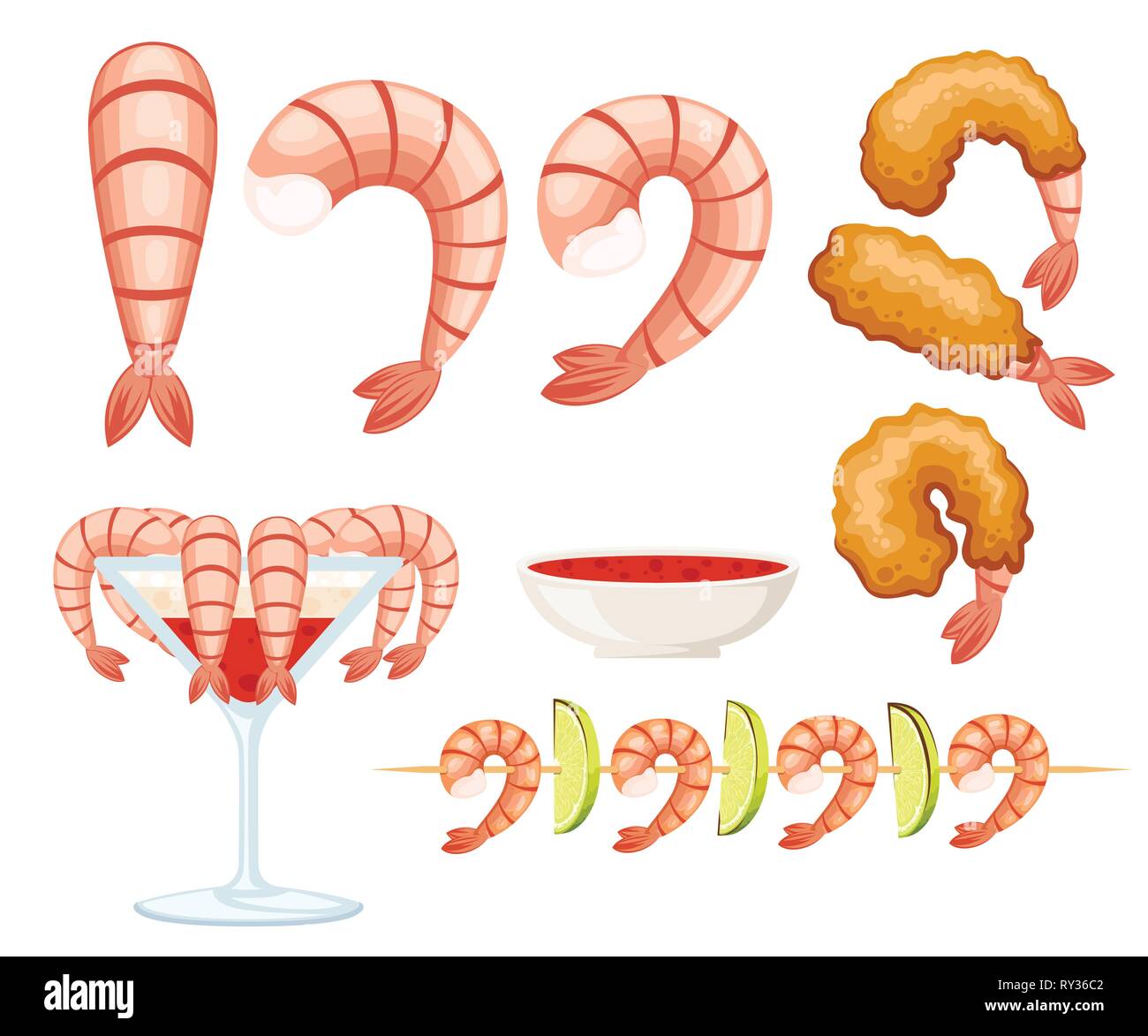 Gamberi fritti in pastella, bollito e spiedini di gamberi. Per la salsa di frutti di mare. Gustoso ristorante food. Piatto illustrazione vettore isolato su sfondo bianco. Illustrazione Vettoriale