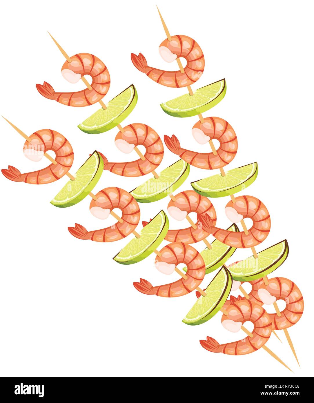 I gamberi alla griglia sul bastone di legno con calce. Spiedini di gamberi. Piatto illustrazione vettore isolato su sfondo bianco. Illustrazione Vettoriale
