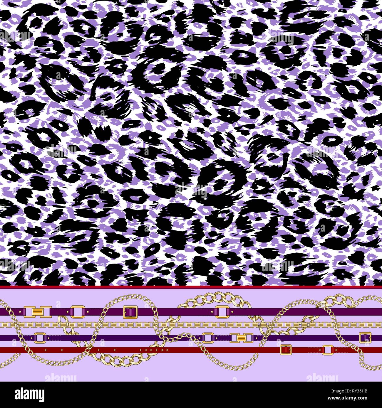 Abctract pattern con cinghie, catena su viola pelle animale sfondo per tessuto. Alla moda di ripetizione stampa leopard. Illustrazione Vettoriale