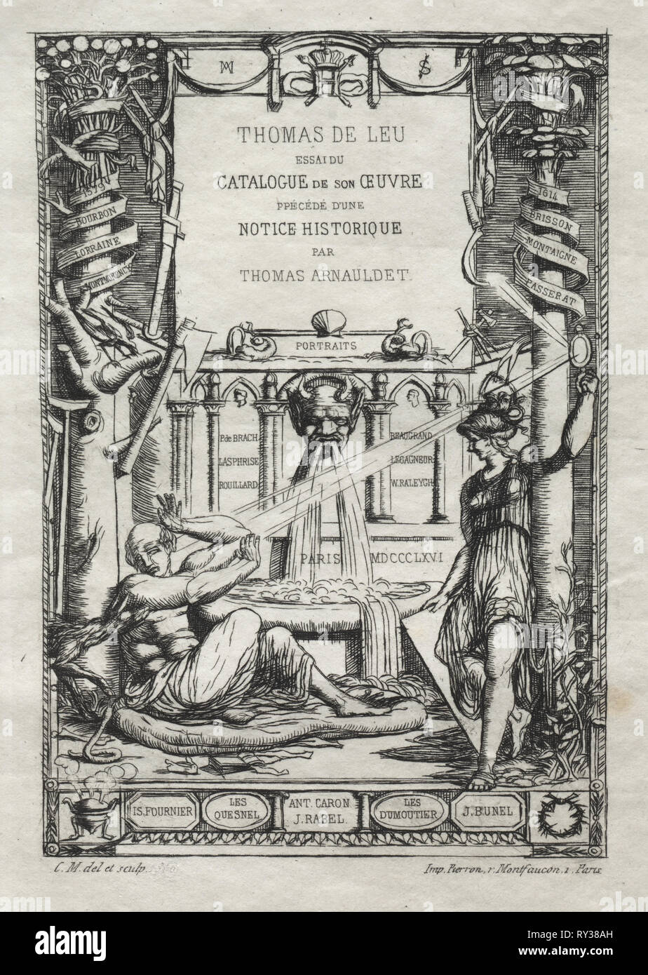 Frontespizio di un catalogo delle incisioni di Thomas de Leu, 1866. Charles Meryon (Francese, 1821-1868). Attacco Foto Stock