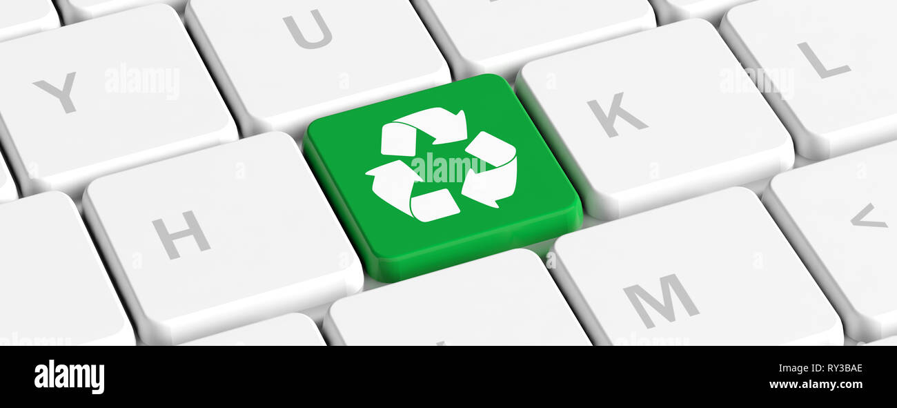 Concetto di riciclaggio. Tasto di colore verde con il segno di riciclo sulla tastiera di un computer, banner. 3d illustrazione Foto Stock