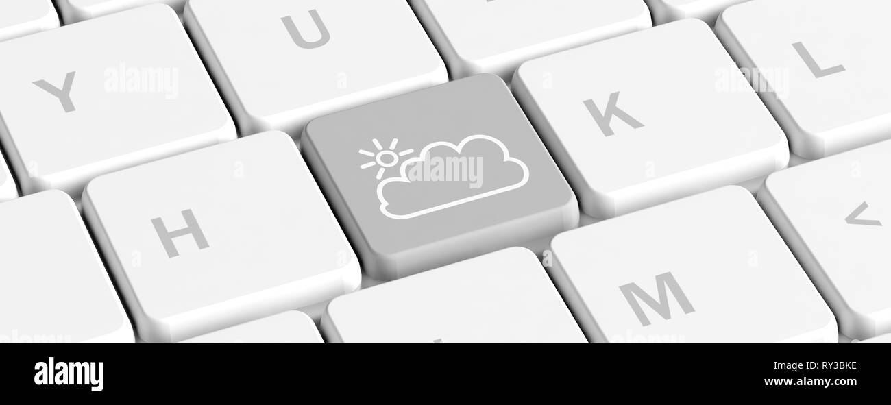 Previsioni meteo, giorno nuvoloso concetto. Tasto grigio pulsante con il cloud e sun icona sulla tastiera di un computer, banner. 3d illustrazione Foto Stock