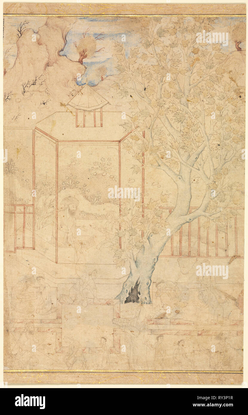 Il maestro e il discepolo in un padiglione del giardino; Pagina singola illustrazione, c. 1570-1590s. Iran, Qazvin, periodo di Safavid, tardo XVI secolo. China e acquarello su carta; immagine: 19,8 x 13,3 cm (7 13/16 x 5 1/4 in.), in totale: 21,2 x 13,3 cm (8 3/8 x 5 1/4 in Foto Stock