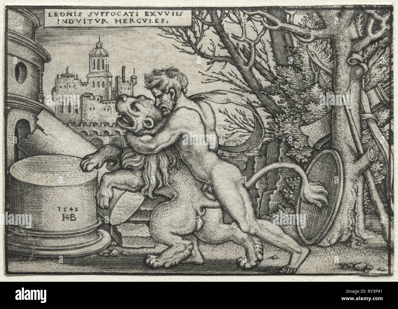 Le Fatiche di Ercole: Hercules soffoca il leone nemeo, 1548. Hans Sebald Beham (Tedesco, 1500-1550). Incisione Foto Stock
