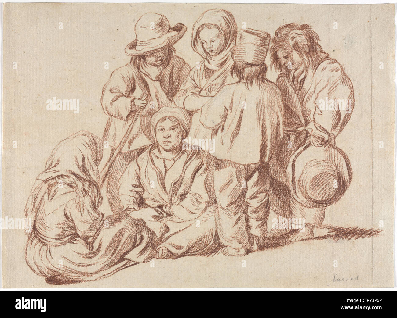 Gruppo di sei figli (recto), 1700s(?). Francia xviii secolo (?). Matita rossa su tracce di gesso nero; foglio: 26,9 x 36,9 cm (10 9/16 x 14 1/2 in Foto Stock