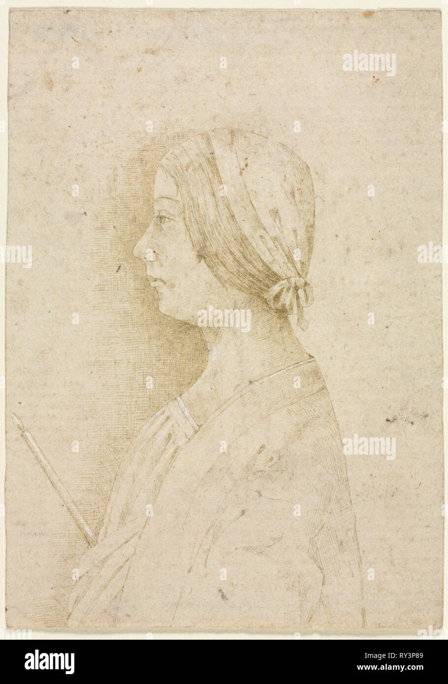 Profilo di una ragazza con una candela, 1400s. Italia, del XV secolo. Penna e inchiostro bruno, rafforzata con tracce di bianco guazzo; foglio: 15,2 x 10,8 cm (6 x 4 1/4 in Foto Stock