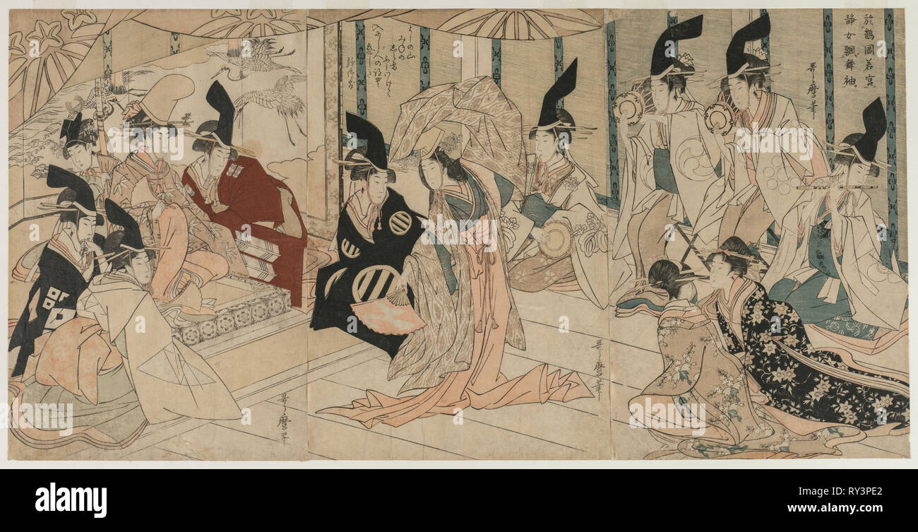 Scena adattato dal gioco il tesoro di leale i ritegni (Chushingura), tardi 1790s. Kitagawa Utamaro (giapponese, 1753?-1806). Colore stampa woodblock; foglio: 36,9 x 75 cm (14 1/2 x 29 1/2 in Foto Stock