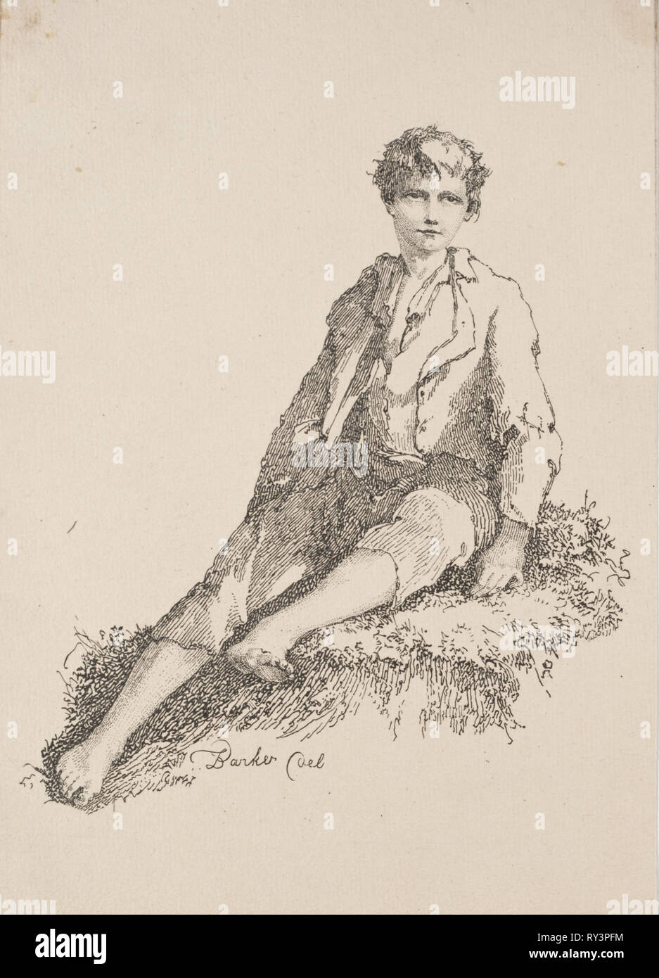Esemplari di Polyautography: ragazzo seduto su una banca erbosa, 1803. Thomas Barker (British, 1769-1847). Litografia Foto Stock
