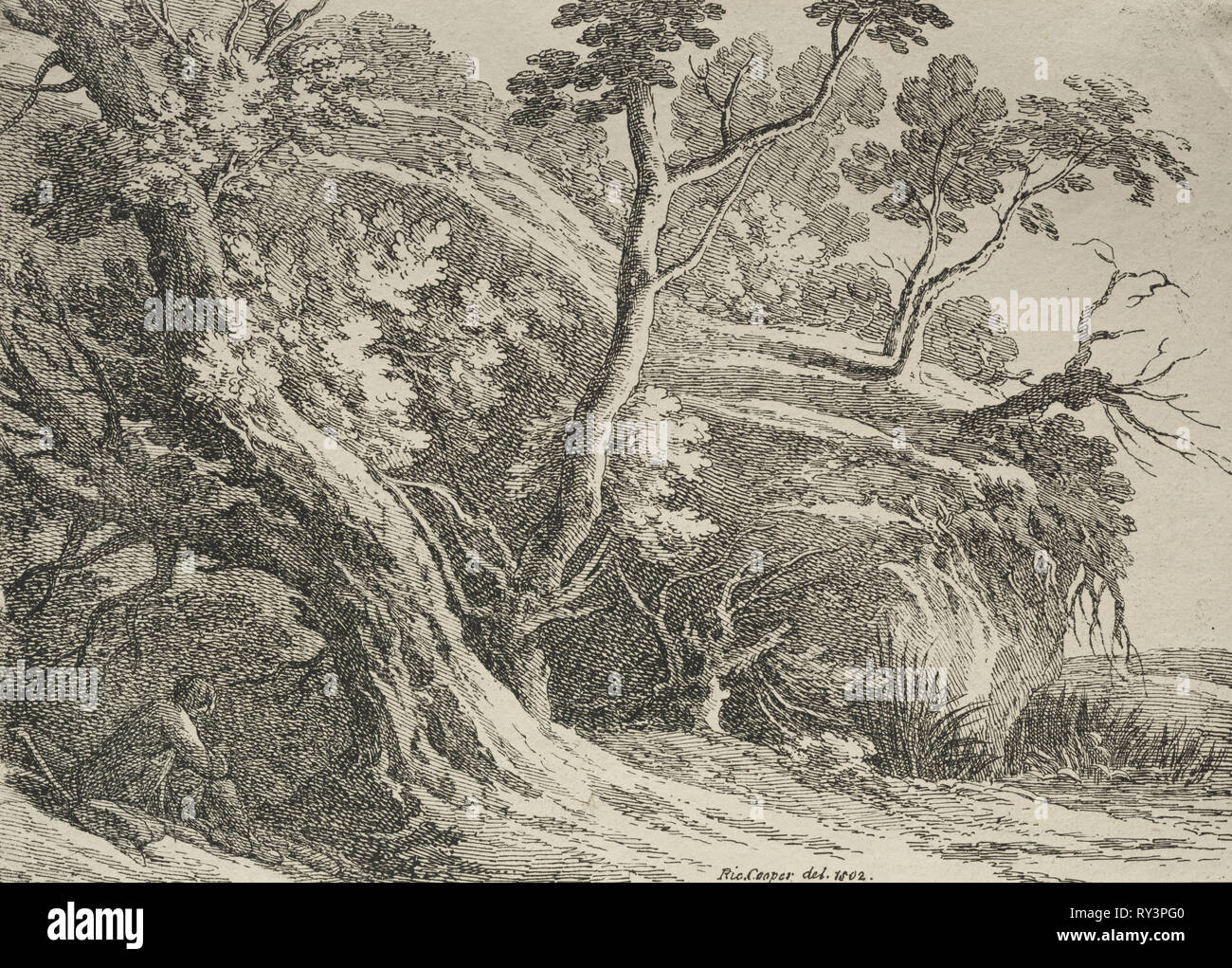 Esemplari di Polyautography: Uomo seduto sotto una quercia, 1802. Richard II Cooper (British, 1740-dopo il 1814). Litografia Foto Stock