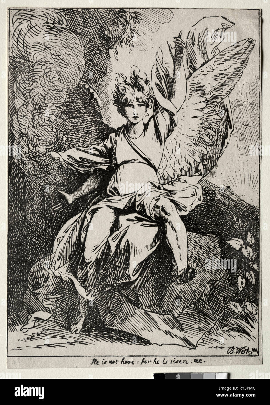 Esemplari di Polyautography: l'angelo presso la tomba di Cristo, 1801. Benjamin West (American, 1738-1820). Litografia Foto Stock