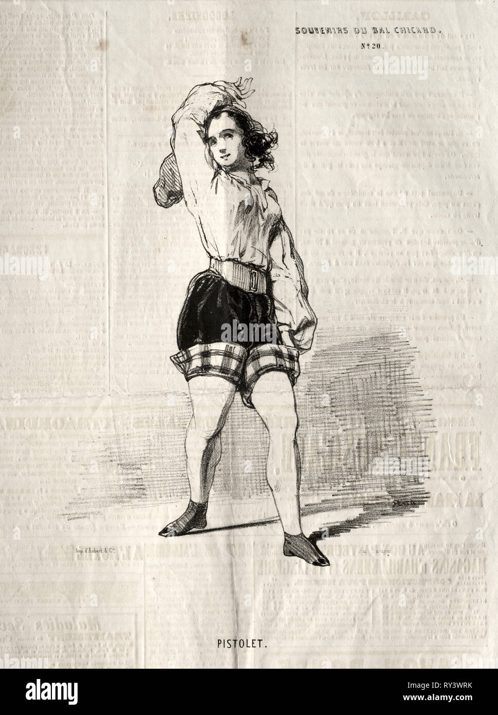 Negozio di souvenir du Bal Chicard: Pistolet, 1843. Paul Gavarni (Francese, 1804-1866). Litografia Foto Stock