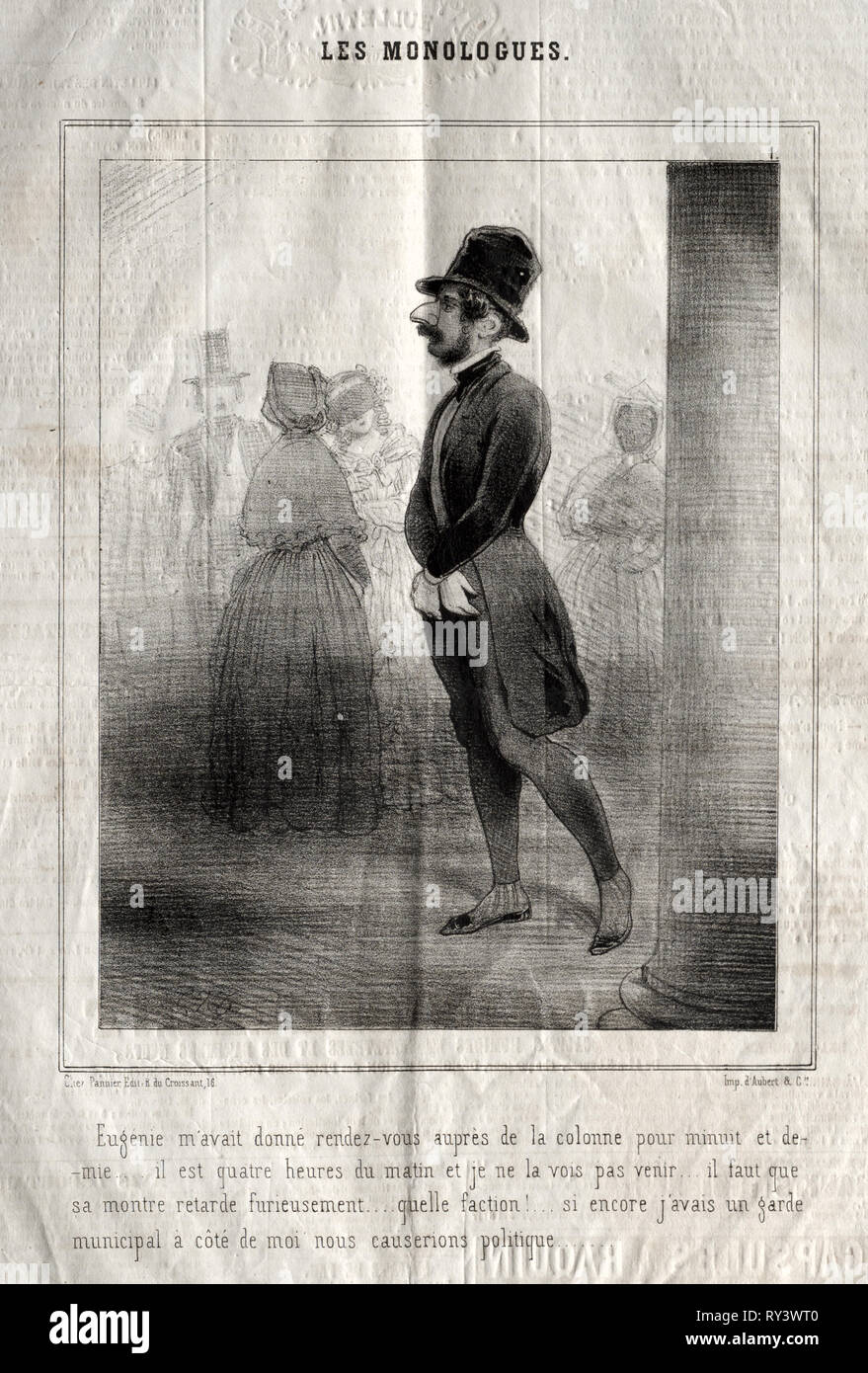 Les monologhi: Eugénie m'avait donné rendez-vous auprès de la colonne pour minuit et demie.... Charles Joseph Traviès de Villers (Francese, 1804-1859). Litografia Foto Stock