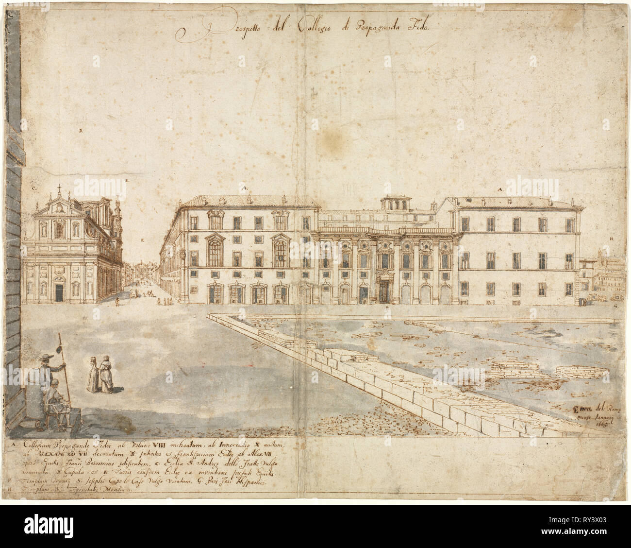 Diciotto vedute di Roma: Il Collegio di Propaganda Fide (recto); schizzi di Windows e dei pilastri del piano attico del Collegio di Propaganda Fide (verso), 1665. Lievin Cruyl (fiammingo, c. 1640-c. 1720). Penna e inchiostro bruno e spazzola e lavaggio grigio su grafite; linee di delimitazione in inchiostro marrone; foglio: 38,9 x 48,9 cm (15 5/16 x 19 1/4 in Foto Stock