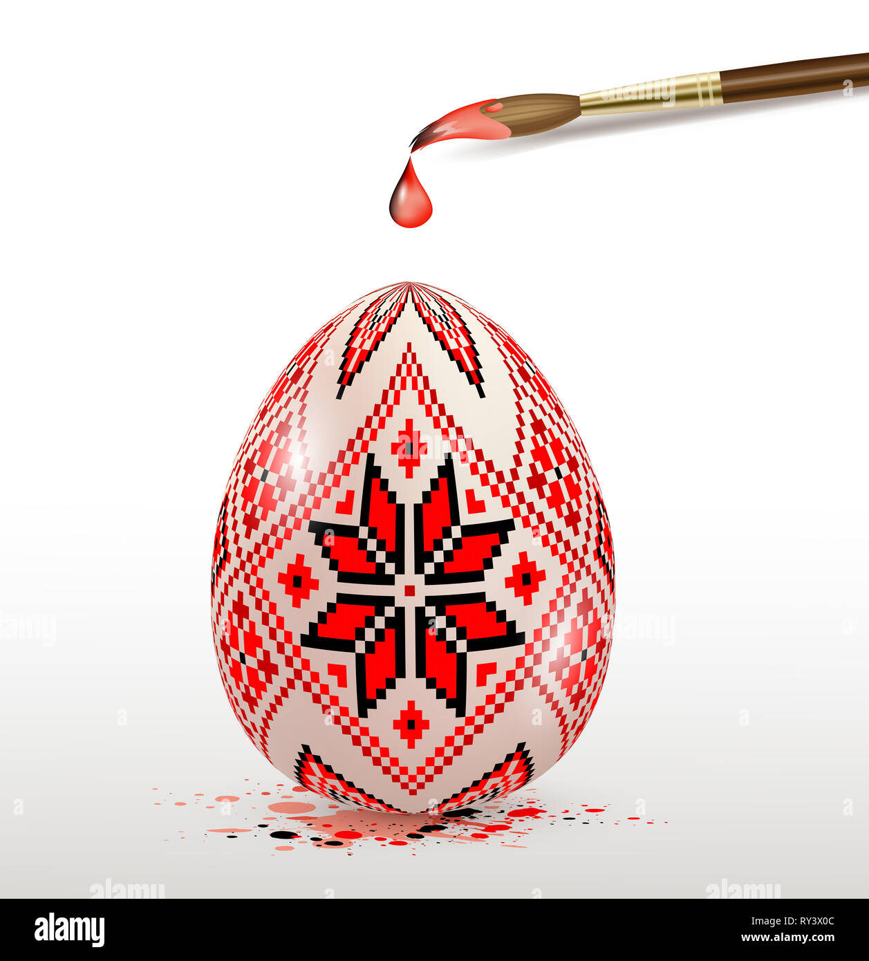 Dipinto a mano rosso decorativo uovo di Pasqua e il pennello. Ukrainian folk tradizionale arte della pittura di stile. Foto Stock