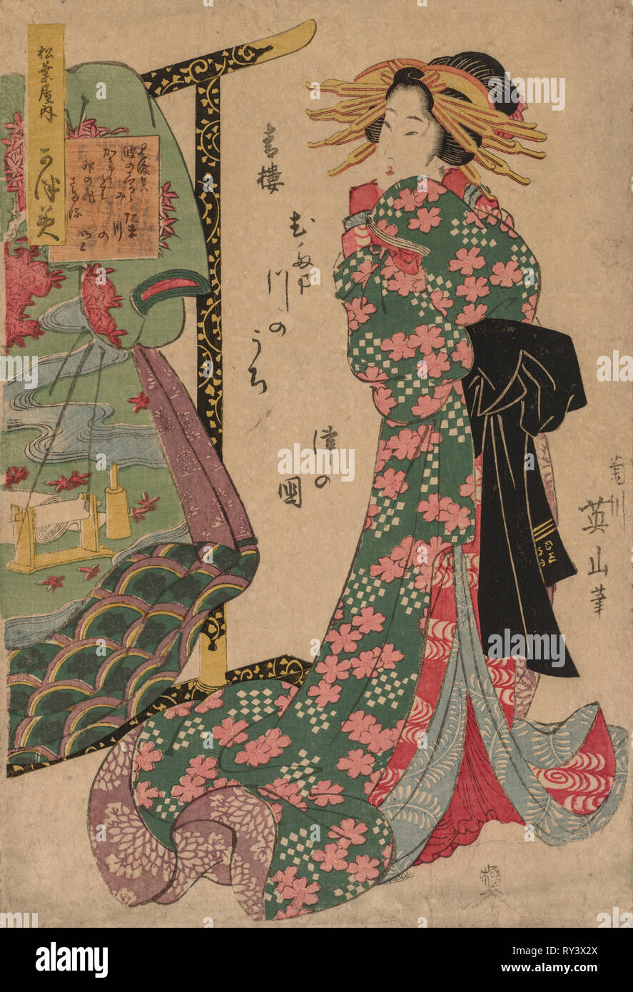 Cortigiana accanto a kimono Rack, 1787-1867. Kikugawa Eizan (giapponese, 1787-1867). Colore stampa woodblock; foglio: 38,4 x 26,4 cm (15 1/8 x 10 3/8 in Foto Stock