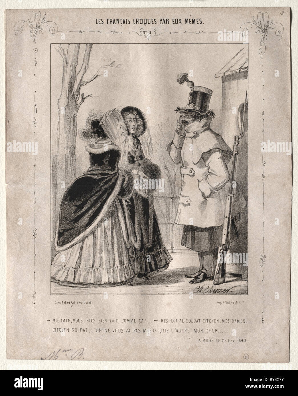 Les français croquès par eux-mêmes: Visconte, Vous êtes bien prevista comme ca!,,,rispetto au soldat citoyen, mes dames...Citoyen, soldat, l'ONU vous ne va pas mieux que l'autre, mon cher!, 1840. Charles Vernier (Francese, 1831-1887). Litografia Foto Stock
