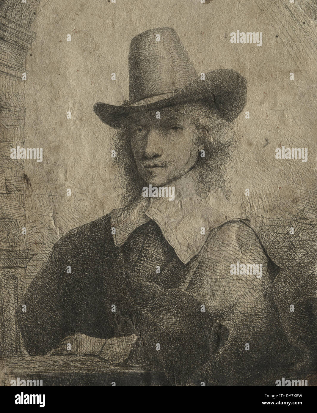 Ritratto di un uomo con un alto cappello, 1642/1651. Ferdinand Bol (Olandese, 1616-1680). Incisione e puntasecca; foglio: 13,4 x 10,7 cm (5 1/4 x 4 3/16 in Foto Stock