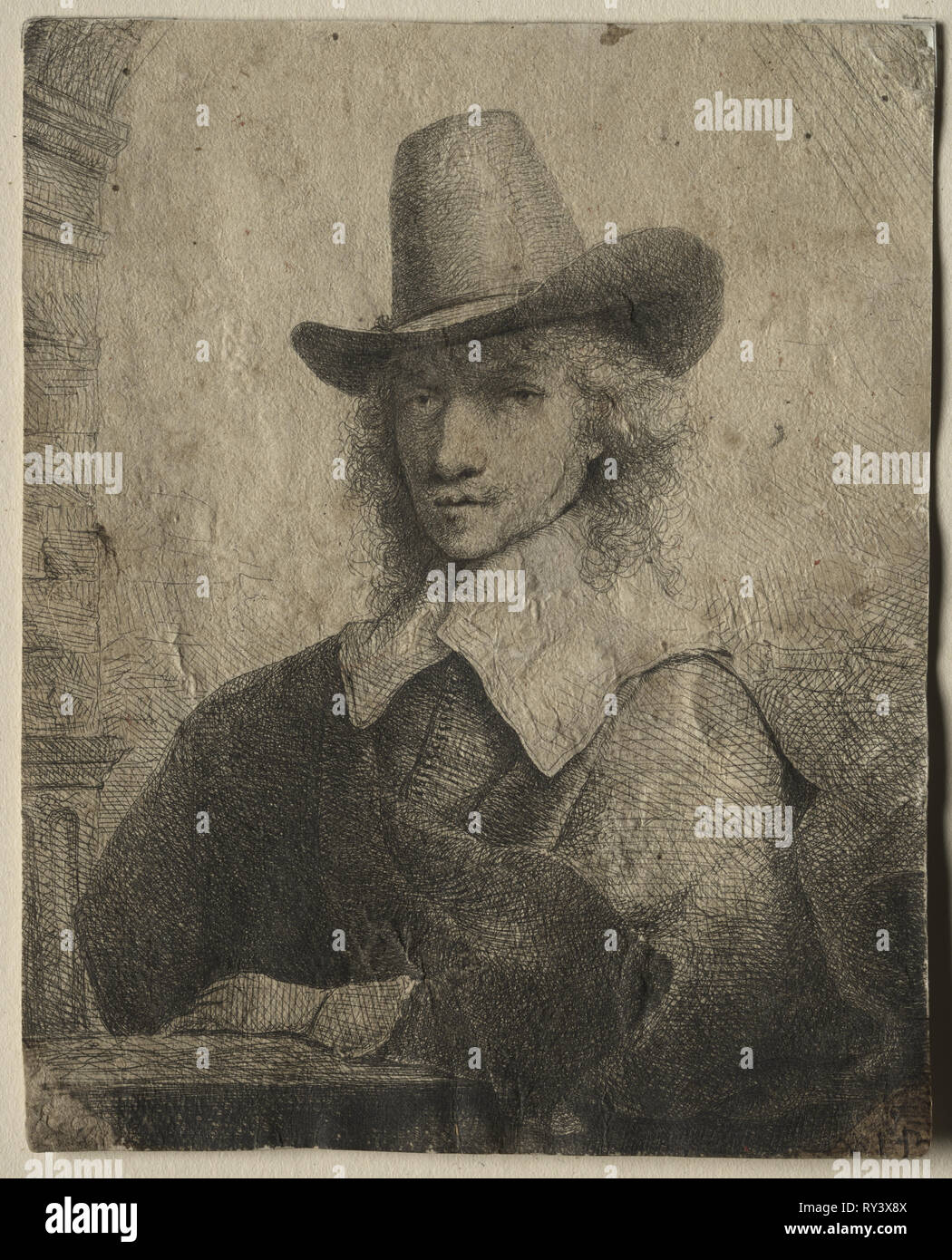 Ritratto di un uomo con un alto cappello, 1642/1651. Ferdinand Bol (Olandese, 1616-1680). Incisione e puntasecca; foglio: 13,4 x 10,7 cm (5 1/4 x 4 3/16 in Foto Stock