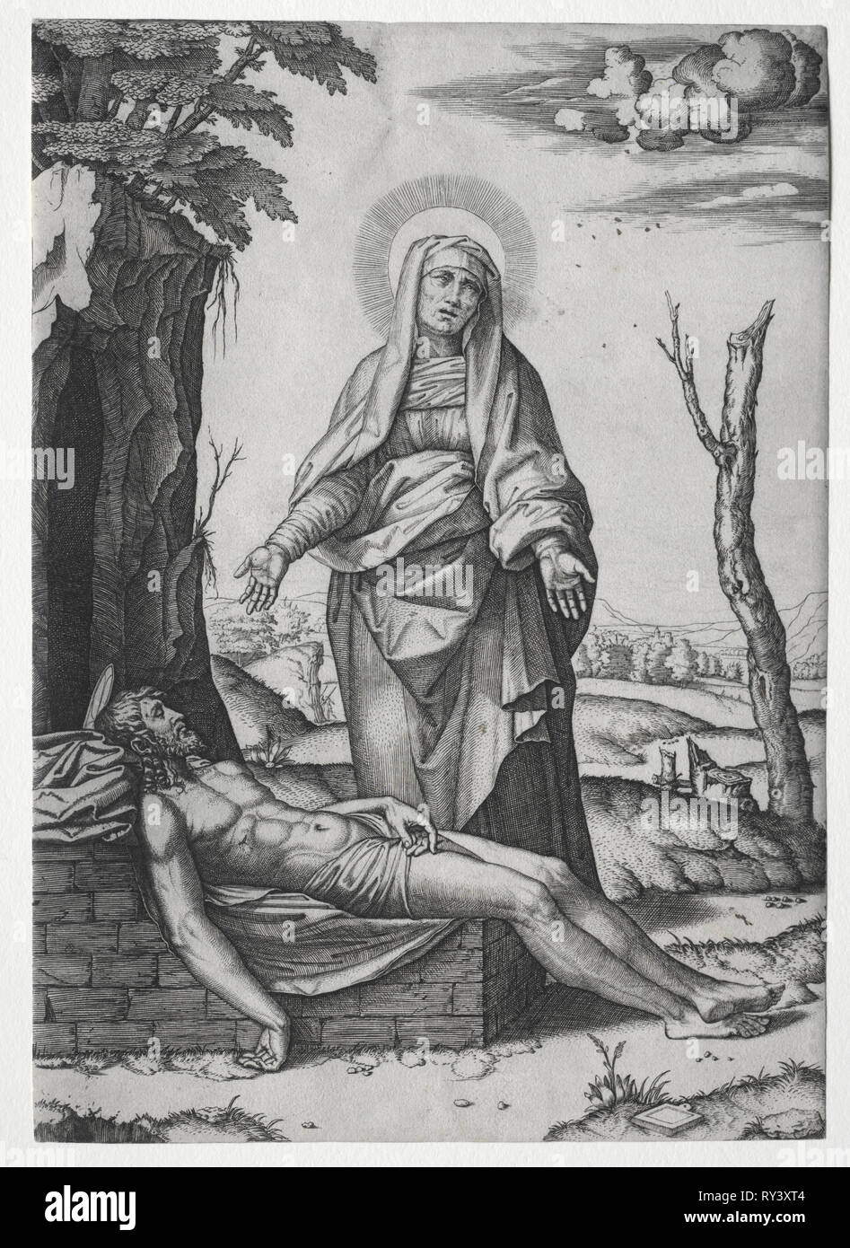 La Pieta'. Marcantonio Raimondi (italiano, 1470/82-1527/34), dopo Raphael (Italiano, 1483-1520). Incisione Foto Stock