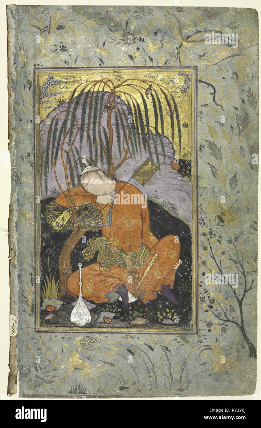 Sleeping Gioventù (verso), Illustrazione da una singola pagina manoscritta, primi 1600s. Stile di Riza-yi Abbasi (iraniana). Acquerello opaco e oro su carta; immagine: 21 x 12,4 cm (8 1/4 x 4 7/8 in.), in totale: 31,6 x 20,4 cm (12 7/16 x 8 1/16 in Foto Stock