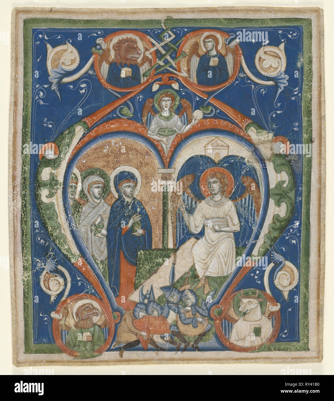 A iniziale [ngelus Domini descendit] da un antifonario: le tre Marie presso la tomba, c. 1280-1300. L'Italia, Siena, del XIII secolo. Inchiostro, tempera e oro su pergamena; foglio: 18 x 15,8 cm (7 1/16 x 6 1/4 in Foto Stock