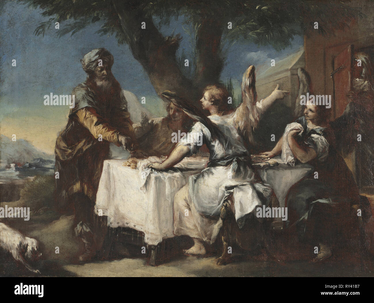Abramo accogliendo i tre angeli, 1750s. Francesco Guardi (Italiano, 1712-1793). Olio su tela; incorniciato: 70,5 x 90,5 x 5,5 cm (27 3/4 x 35 5/8 x 2 3/16 in.); senza cornice: 56,5 x 75,5 cm (22 1/4 x 29 3/4 in Foto Stock