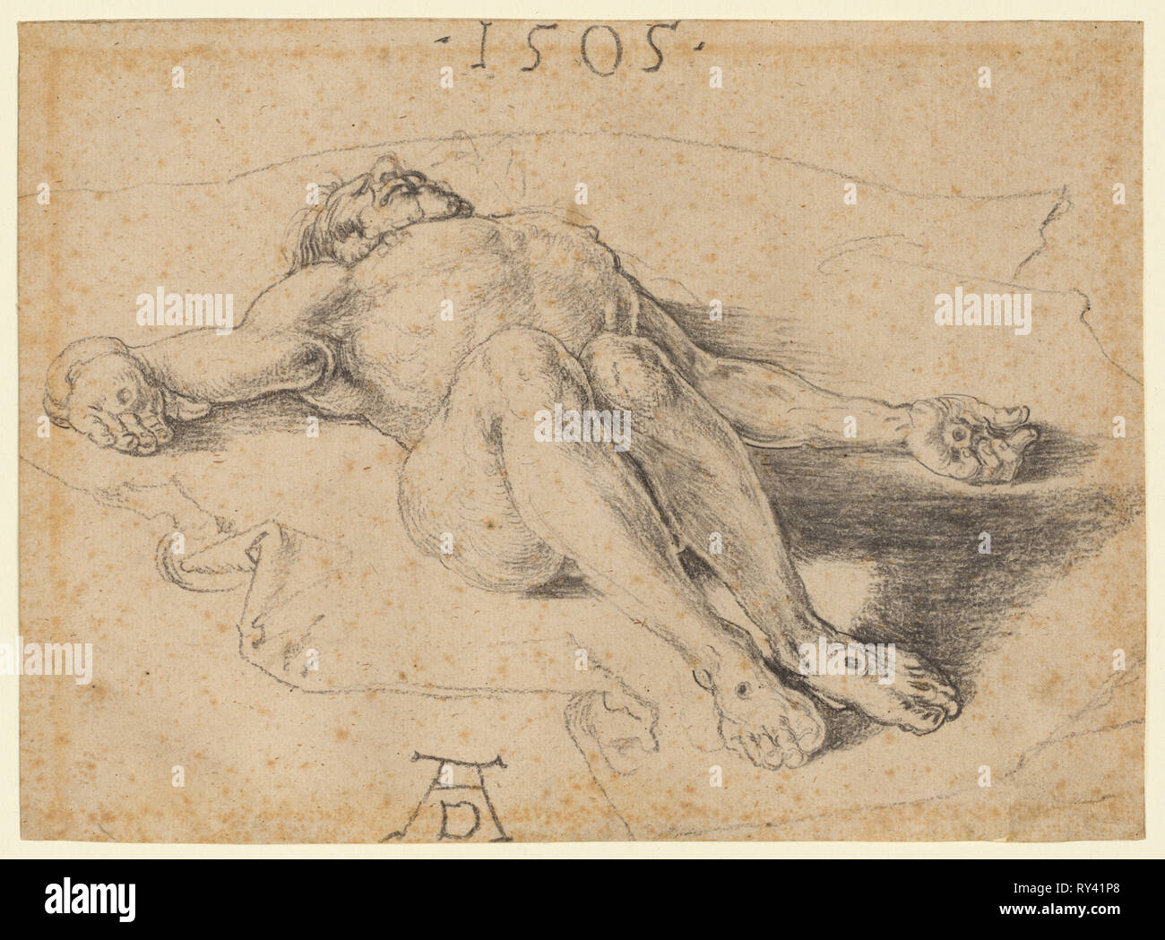 Il Cristo morto, 1505. Albrecht Dürer (Tedesco, 1471-1528). Carbone di legna; linea di framing in grafite (bordo superiore); foglio: 17,1 x 23,5 cm (6 3/4 x 9 1/4 in Foto Stock