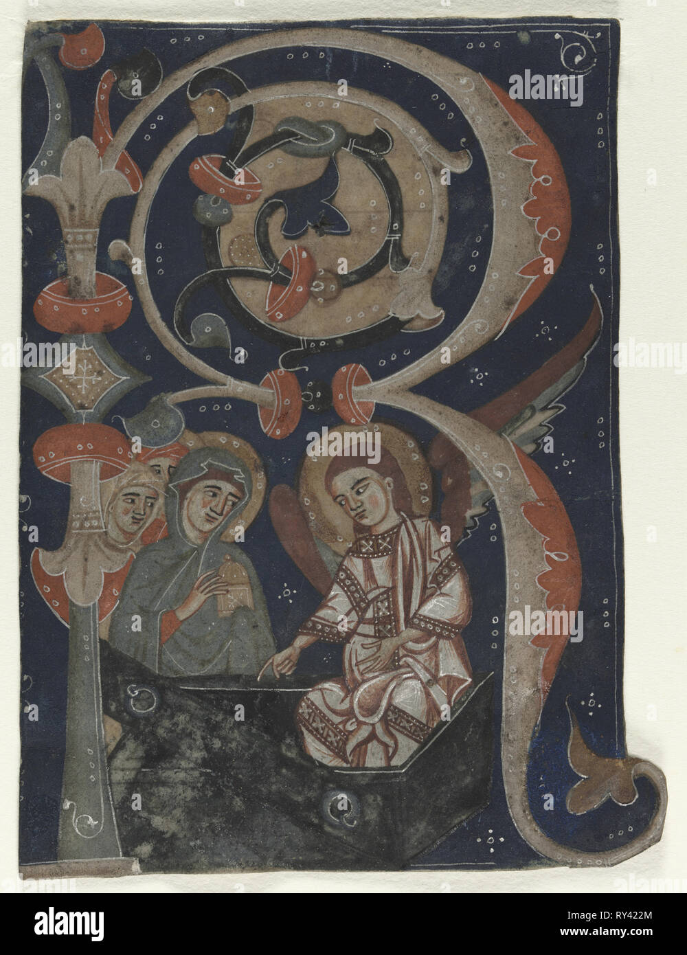 Historiated iniziale (R) asportato da un graduale: le tre Marie presso la tomba, c. 1200-1230. Italia, del XIII secolo. Inchiostro, tempera e oro su pergamena; foglio: 11 x 8 cm (4 5/16 x 3 1/8 in Foto Stock