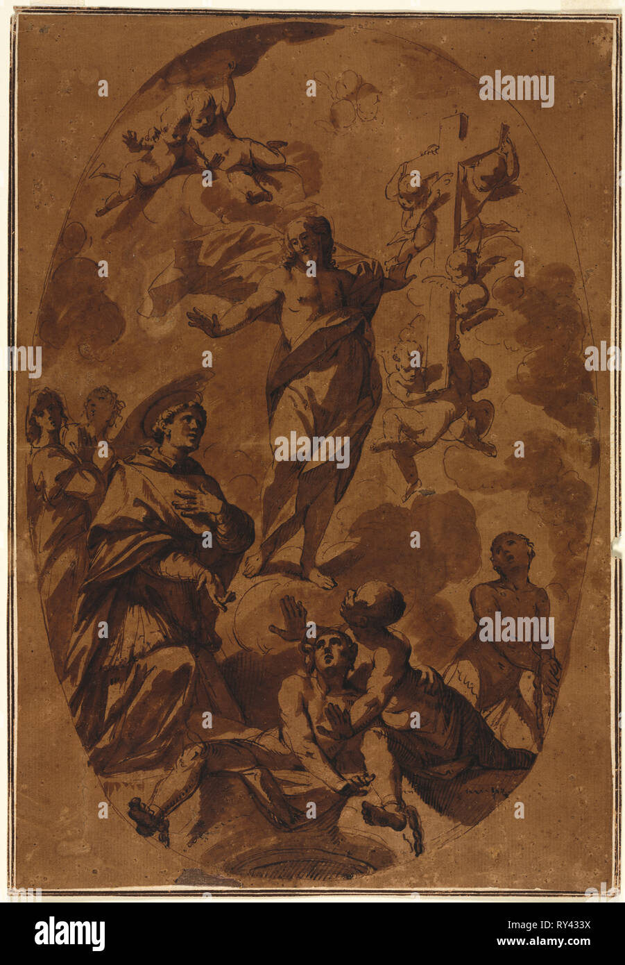 Cristo Trionfante che appaiono a un intercedendo Saint, 1600s. L'Italia, Bologna, xvii secolo. Penna e inchiostro bruno e spazzola e lavaggio marrone; linee di delimitazione in inchiostro marrone; foglio: 38 x 25,8 cm (14 15/16 x 10 3/16 in.); immagine: 37,2 x 25 cm (14 5/8 x 9 13/16 in.); supporto secondario: 38,6 x 26,6 cm (15 3/16 x 10 1/2 in Foto Stock