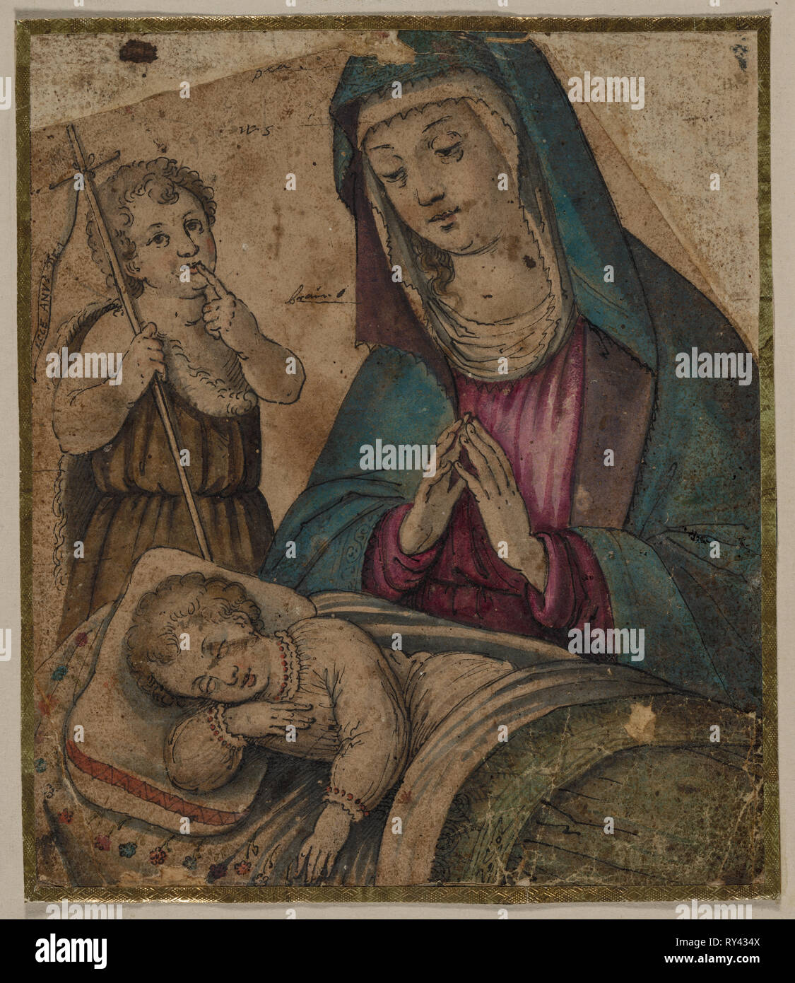 Vergine con Bambino e San Giovanni (recto) identificabili (verso) , 1500s. Italia, del XVI secolo. Penna e inchiostro nero e spazzola e lavaggio marrone e blu, verde e rosso-viola gouache; foglio: 17,6 x 15 cm (6 15/16 x 5 7/8 in.); supporto secondario: 18,2 x 15,6 cm (7 3/16 x 6 1/8 in.); terziario supporto: 18,2 x 15,6 cm (7 3/16 x 6 1/8 in.); quadratica di supporto: 24,8 x 20,9 cm (9 3/4 x 8 1/4 in Foto Stock