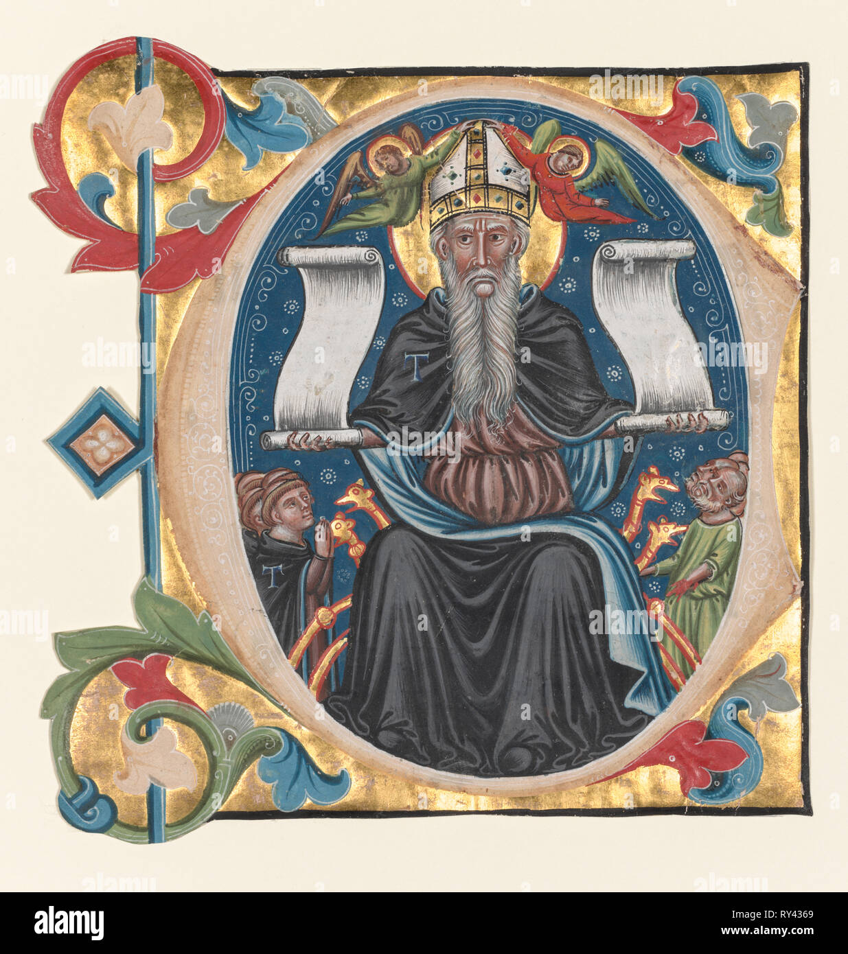 C iniziale asportato da un libro corale: San Antonio con Antonite Frati, c. 1400-1440. L'Italia, Venezia, del XV secolo. Inchiostro, tempera e oro su pergamena; foglio: 18,5 x 17,5 cm (7 5/16 x 6 7/8 in Foto Stock