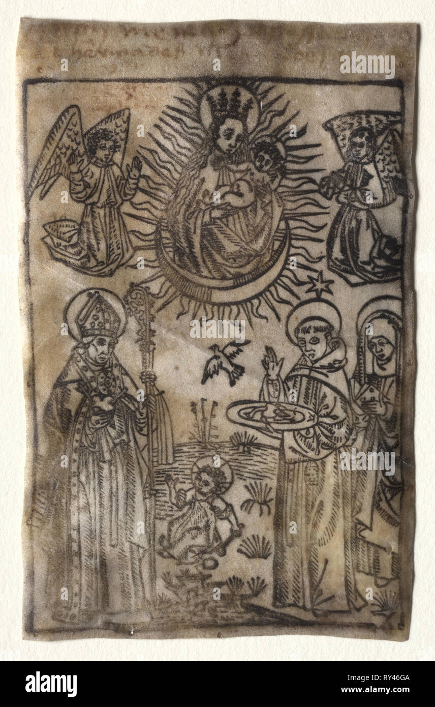 Madonna con Bambino e tre membri del Sant'Agostino ordine: Santi Agostino, Nicholas e Clara, 1400s. La Germania del XV secolo. Xilografia Foto Stock