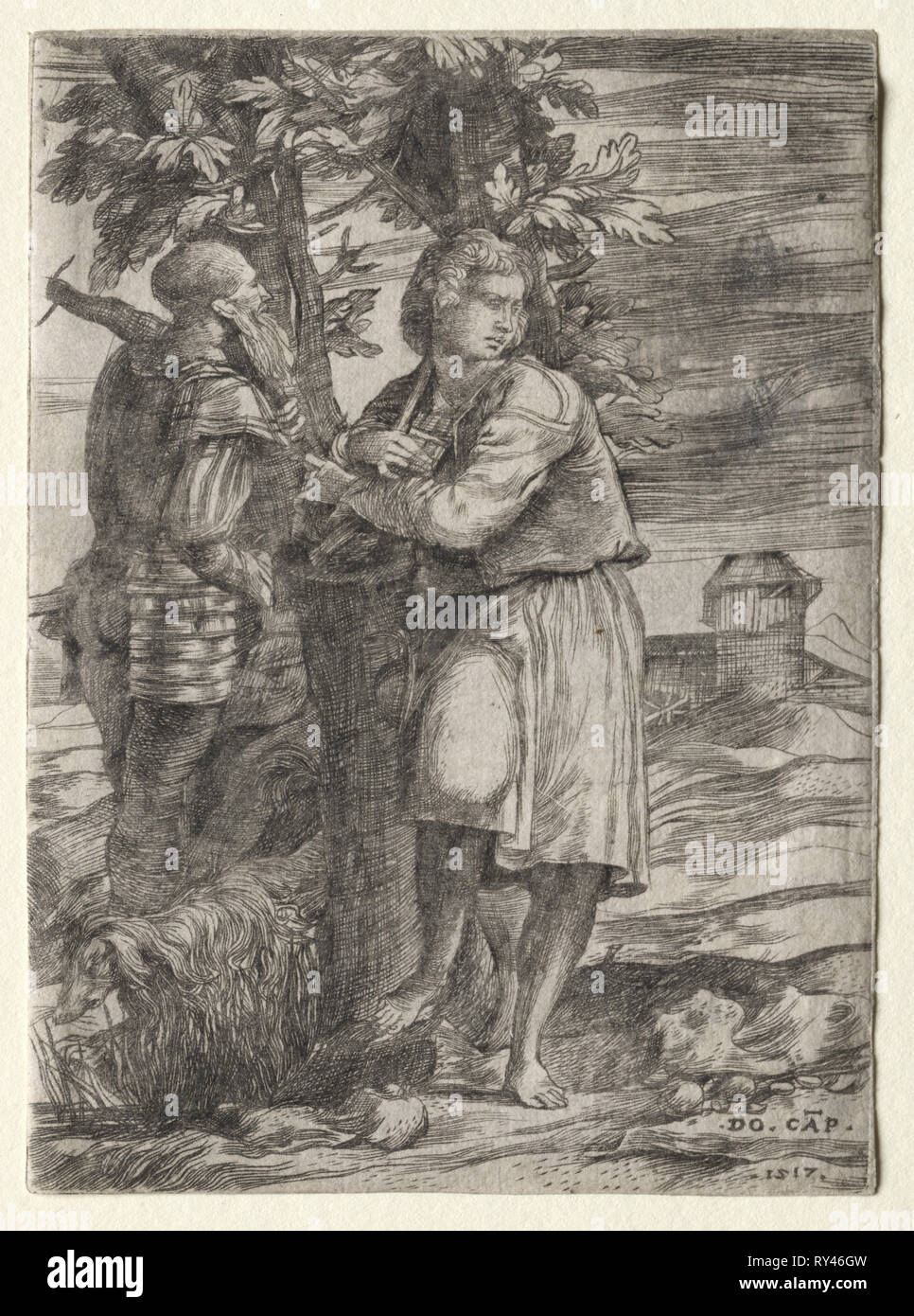 Il pastore e il vecchio guerriero, 1517. Domenico Campagnola (Italiano, 1500-1564). Incisione Foto Stock