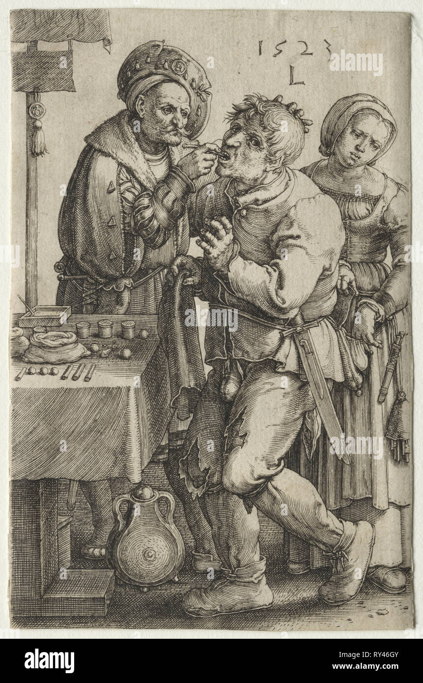 Il dentista, 1523. Lucas van Leyden (Olandese, 1494-1533). Incisione Foto Stock